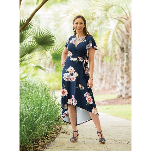 Navy Blue Floral Print Ultra-Soft Knit Side-Tie Hi-Low Dress Size 3X 22 24 Plus - Picture 1 of 9
